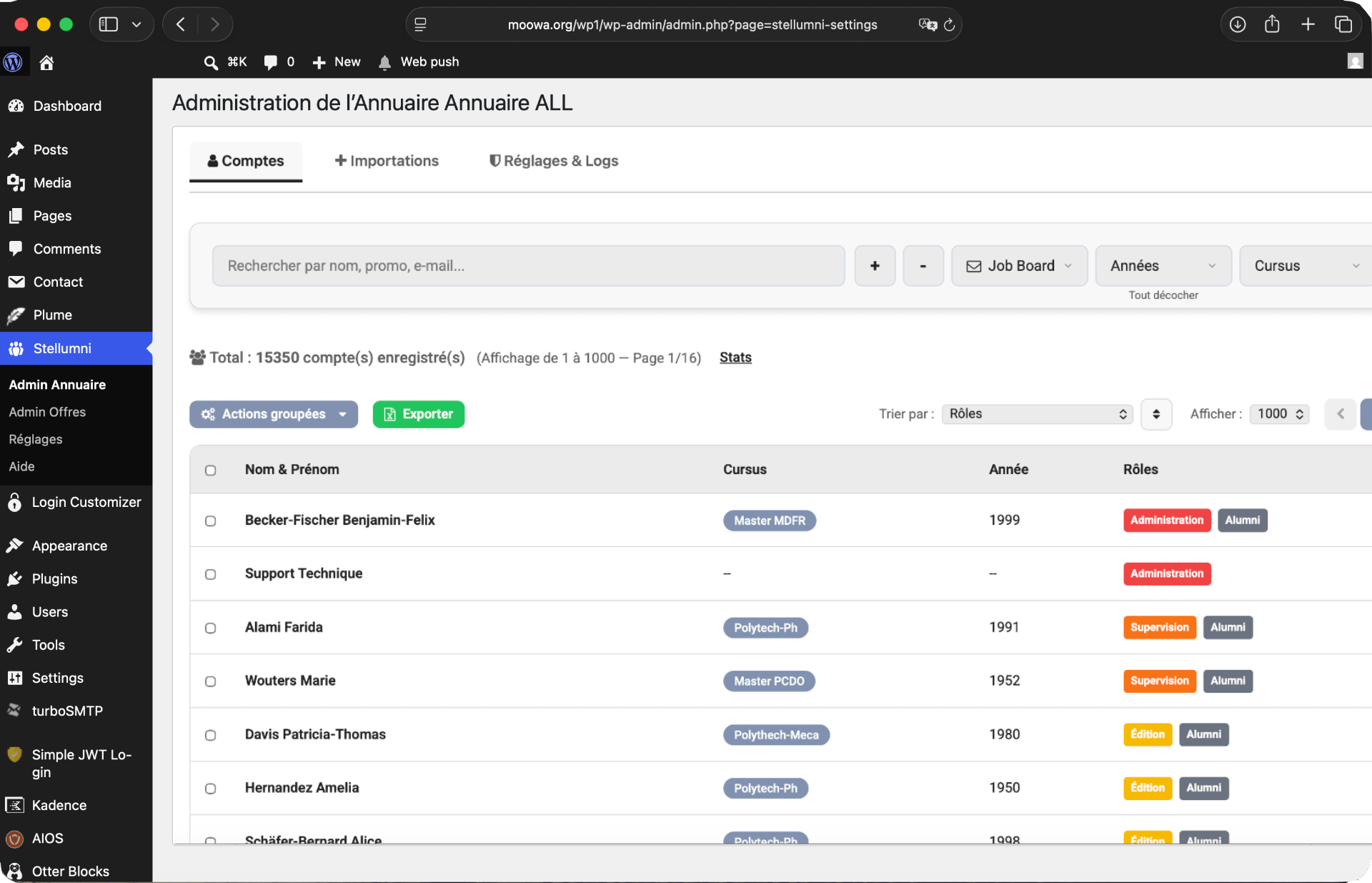 Interface d'administration de l'annuaire Stellumni embarquée dans WordPress