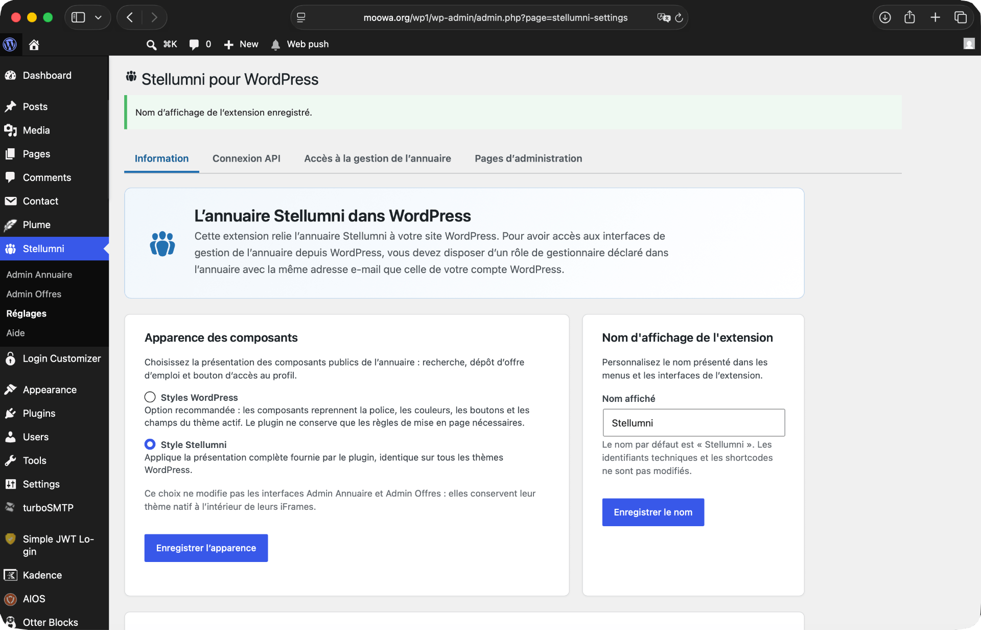 Panneau de réglages du plugin Stellumni for WordPress
