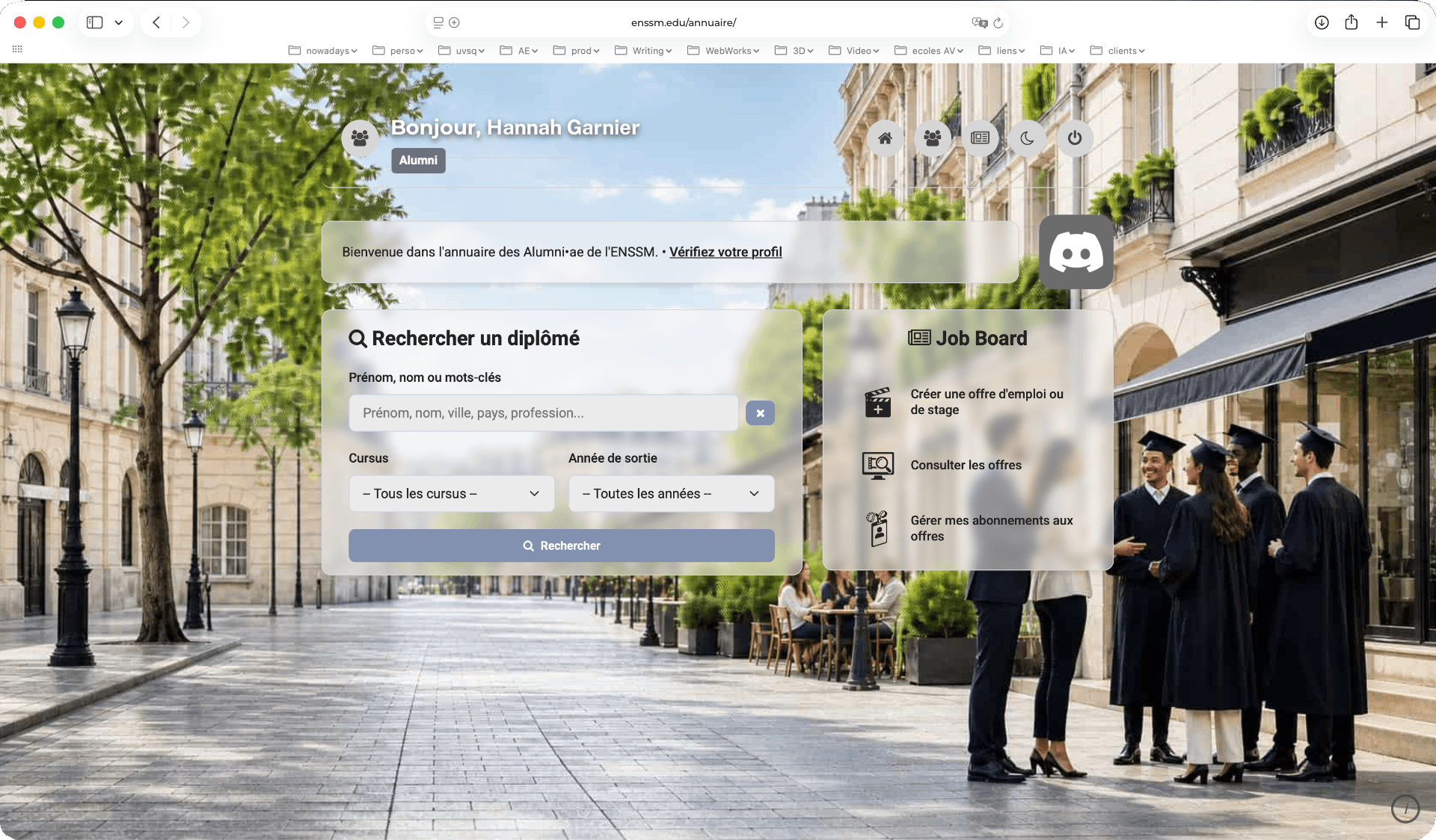 Espace connecté Stellumni avec recherche et Job Board