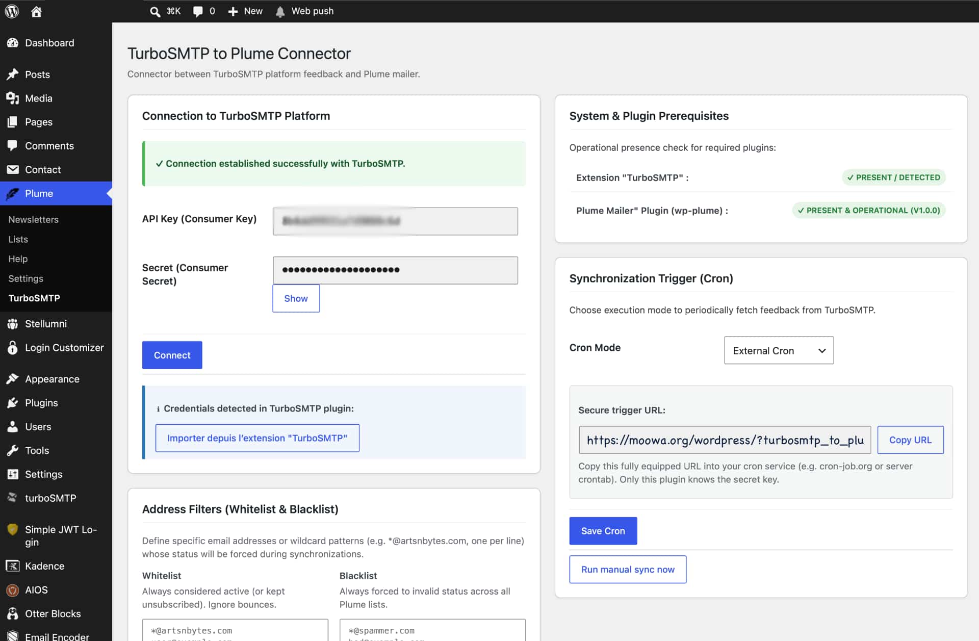 Capture d'écran TurboSMTP to Plume