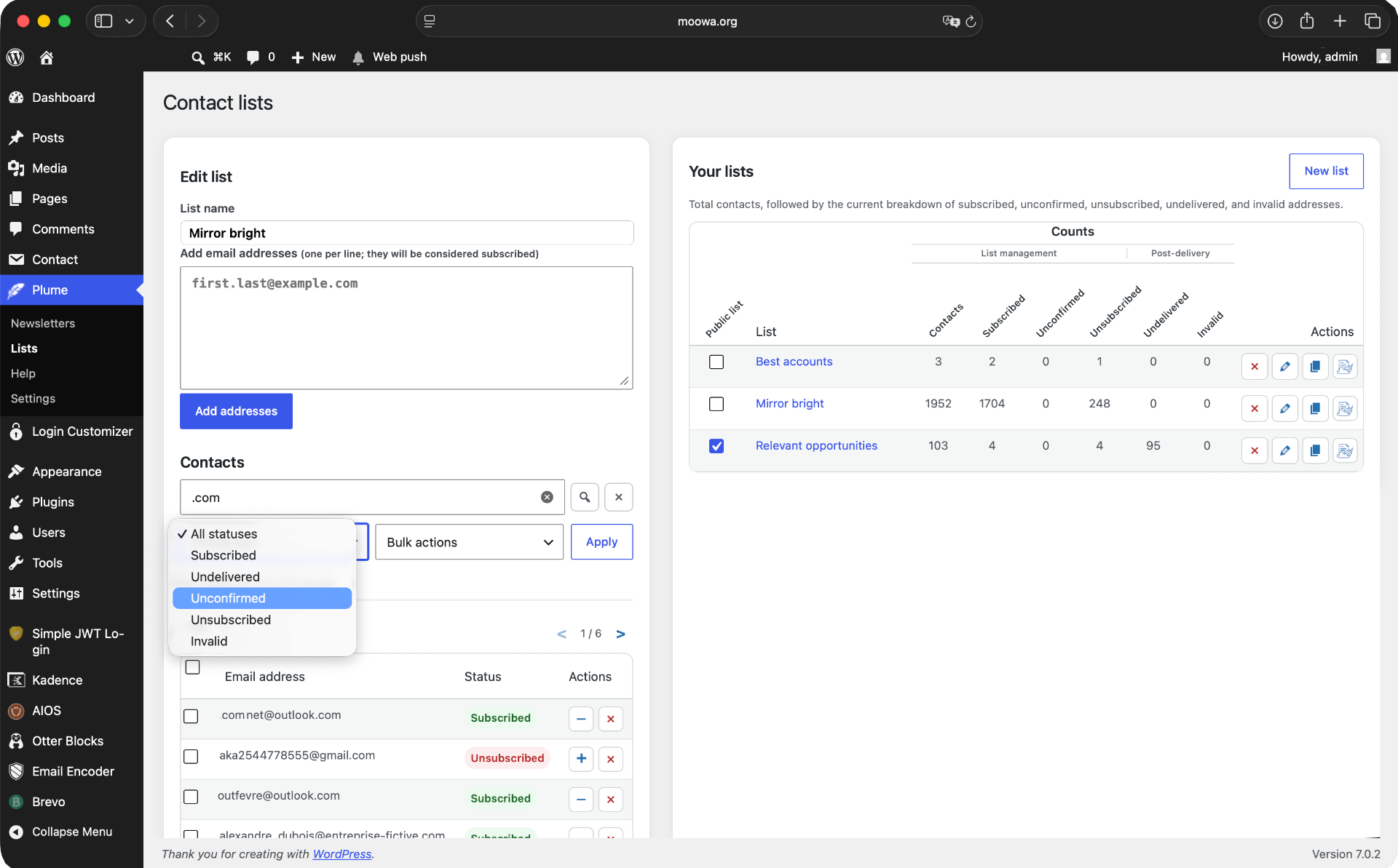 Plume list and contact management