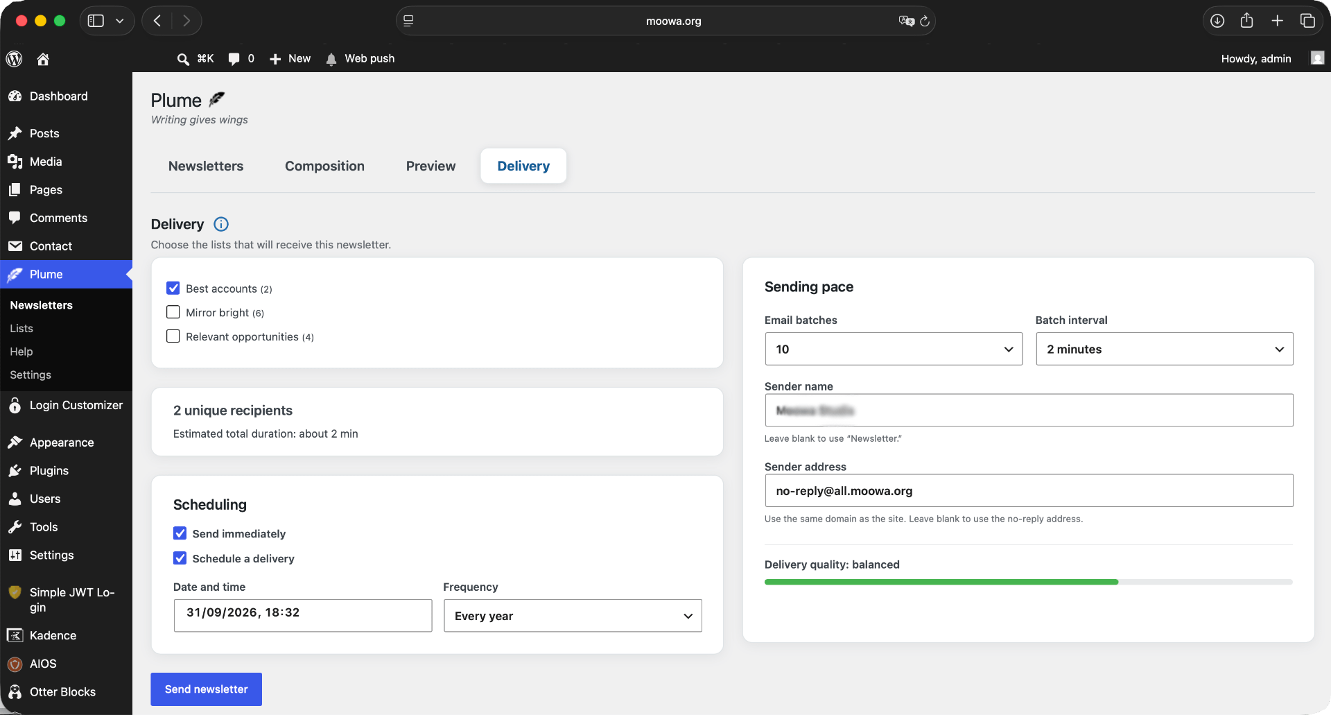 Plume send scheduling screen
